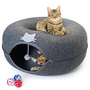 Meow Mansion Cat Cave Donut Bed – Cat Tunnel Bed for Large Cats up to 30lbs – 3 Toy Balls & Hanging Ball Included – Scratch Resistant, Detachable and Cleanable Cat Donut Bed