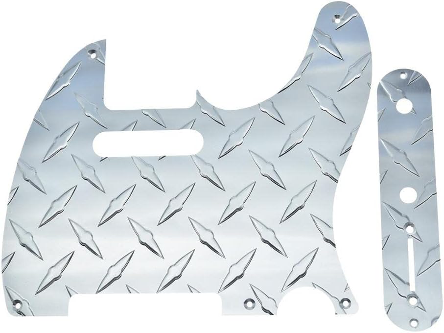 KAISH Diamond Plate Vintage 5 Hole Tele Pickguard with Metal Aluminum Diamond Plate Control Plate and Screws for American/Mexican FD Telecaster Silver