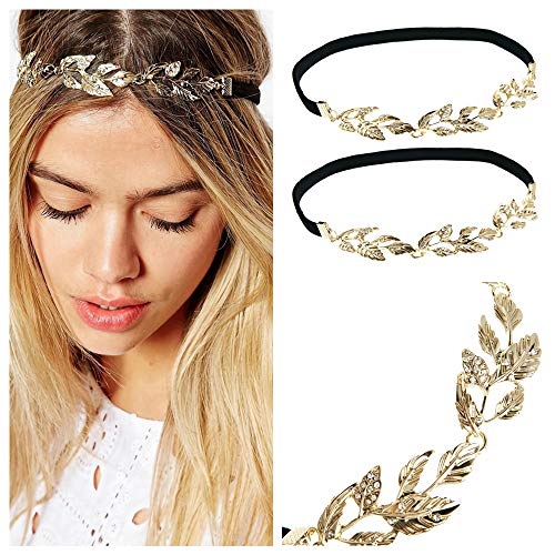 Gold Leaf Hair Jewelry Elastic Rhinestone Headband for Girl,2Pcs Gold Metal Hair Accessories for Women Diamond Decorations Headbands