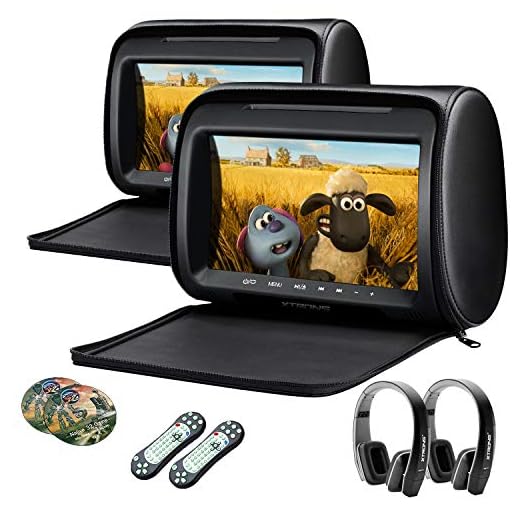 XTRONS Pair Car Headrest DVD Player, 9 Inch Screen Dual Vehicle Headrest Monitor Supports Slot-Load DVD Audios Videos, Games Disc, HDMI Input, USB, SD, IR with New Version Black IR Headphones