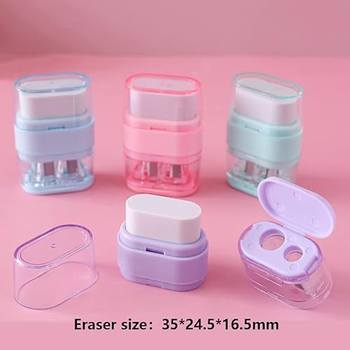 Miniatura 3 de 4 PCS Manual Pencil Sharpener with Eraser, Double Hole Multicolored Sharpener with Eraser Fun Stationery Back to School Supplies, Classroom Rewards,