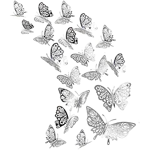24Pieces Butterfly Wall Stickers,CattleyaHQ Mixed 3D Butterflies Wall Decals,Vivid Flash Wall Stickers for Home,Bedroom,Baby Room Decoration (Silver) Cover