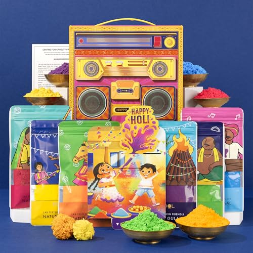Image of Phool 6 Pack Holi Colour Boombox Party Pack -Pink Blue Green Yellow Orange Purple | 450 GMS | Herbal and Organic Colors | Skin Safe Gulal with Certificate | Holi Gulal for Kids & Family