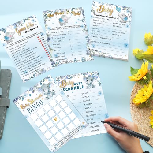 Image of Jetec 302 Pcs Blue Elephant Theme Baby Shower Games, 6 Games, 50 Sheets Each, Include Baby Shower, Word Scramble, Word Search, Predictions and Advice, The Price is Right