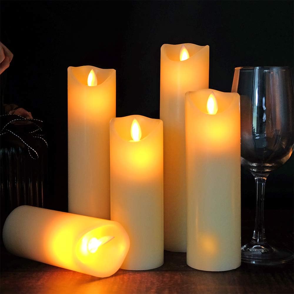 Eldnacele LED Flameless Flickering Candles with Remote Timer Warm White Battery Operated Wax LED Pillar Candles Set of 5 Realistic Flame for Decoration (2.2" X 5"6" 7" 8" 9")