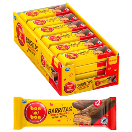 Bon o Bon Barritas de Chocolate con Crema de Cacahuete – Pack 30 Barritas (40 g x2) Snack de Chocolate con Oblea Crujiente y Relleno de Cacahuete – Chocolatina Dulce Individual Multipack