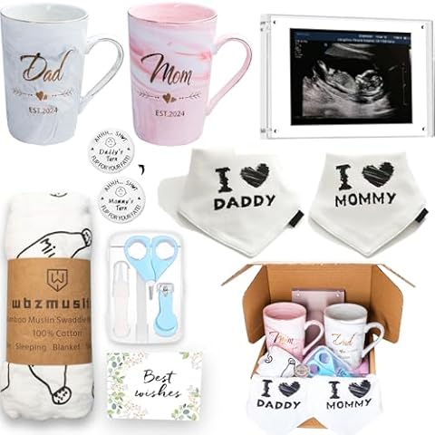Mugpie Pregnancy Gifts for New Parents - First Time New Mom Gifts Basket for Baby Shower Gender Reveal Announcements - Mom and Dad EST 2024 Mugs Ultrasound Frame Decision Coin Nail kit Bibs Swaddle Cover