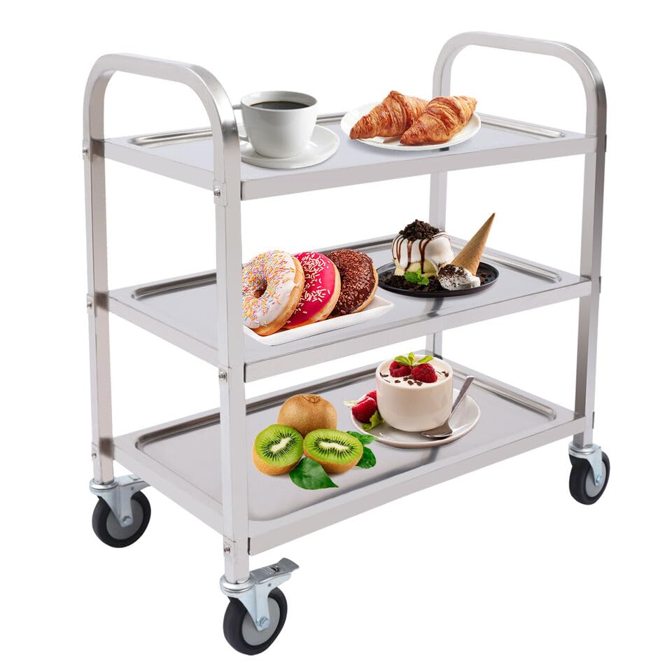 Carrito de cocina de acero inoxidable, 3 niveles, capacidad de carga de 120 kg, con 4 ruedas giratorias de 360° para restaurantes u hoteles. (mediano)