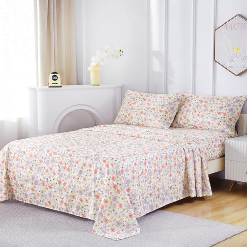 Image of Viviland Floral Queen Sheet Set - 4 Piece Cozy Pink and Purple Small Flower Patterned Bed Sheets - Soft, Breathable Microfiber Sheets with Deep Pocket, Non-Slip Fitted Sheets & Pillowcases