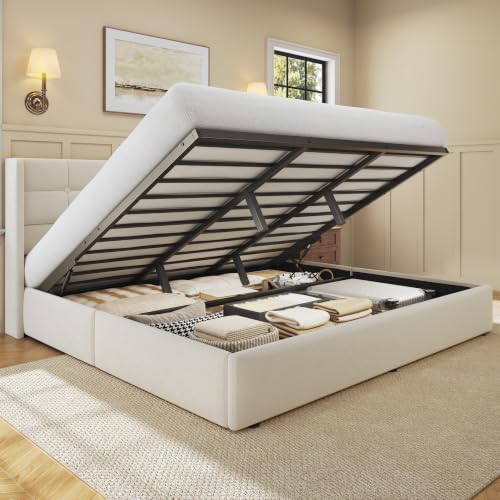 Image of HISOFT King Size Lift Up Storage Bed Frame, Linen Upholstered Platform Bed with Wingback Headboard, Heavy Duty Hydraulic Gas Lift Underbed Space, Reinforced Full Metal Slats, Noise Free, Light Beige