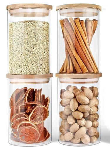 Image of MARTVIA Glass Food Storage Jars with Bamboo Lids 350ml Set of 4, Wide Mouth Lid Jar for Home Kitchen,Flour, Sugar, Coffee, Pasta, Oats, Grains, Cookies, Snacks (Round 350 ML Jar, SET OF 4)