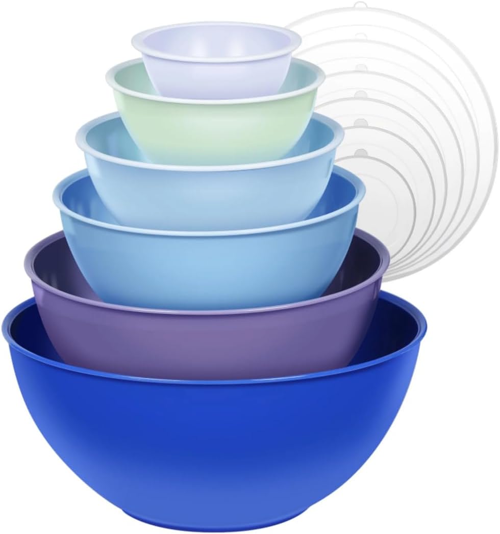 12-Piece Plastic Mixing Bowls with Lids Set – Colorful Nesting Kitchen Bowls, Microwave & Freezer Safe (Dark Blue)