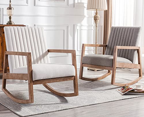 Vescasa Upholstered Linen Rocking Chair With Channel-Tufted Back, Mid-Century Modern Comfy Rocker With Light Walnut Wood Frame For Nursery Living Room Bedroom Reading Indoor, Beige #TOP7