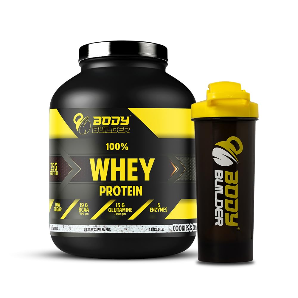 Body Builder 100% Whey Protein - 25g Protein, BCAAs, Glutamine, Digestive Enzymes for Muscle Growth & Endurance, Suitable for Vegetarians & Keto Dieters (4 LB, Cookies & Cream)-SHAKER FREE Cookies & Cream 4 LBS