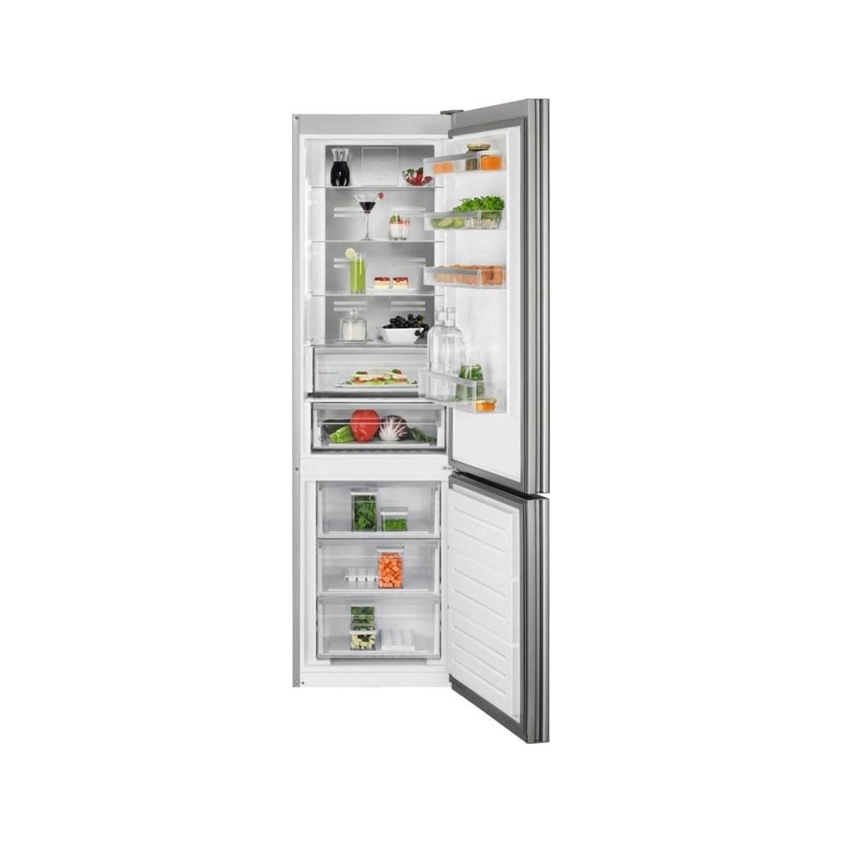 AEG RCB736E4ML Frigorífico Combi con puerta de cristal, Libre Instalación, 2,01 m, NoFrost, Tecnología Twintech, MultiFlow, Display LED, Cajón ExtraChill, Luces LED, Blanco