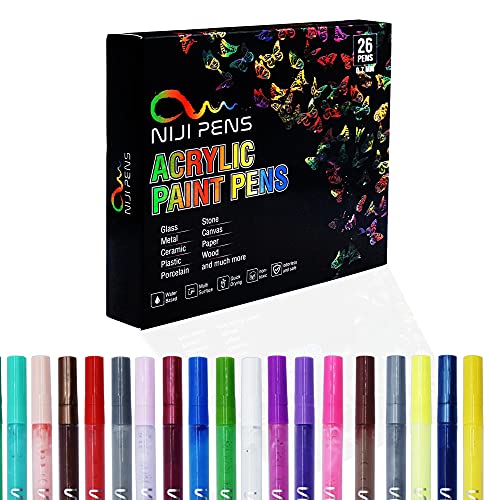 NIJI Acrylic Paint Pens for rock painting, glass, wood, metal, ceramic, canvas, fabric, extra fine tip 0.7 mm, set of 26 colors, DIY arts and crafts, permanent pens, Halloween painting, Christmas decorations