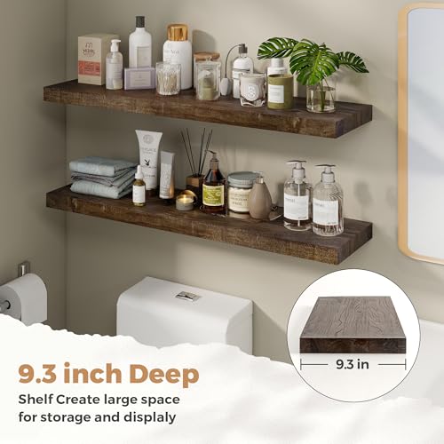 Image of RICHFOCUS Elm Floating Shelves for Wall - 40 inch W x 9.3 inch D Rustic Solid Wood Shelves with Invisible Bracket, Wall-Mounted for Living Room, Bedroom, Kitchen Storage & Display, Set of 1, Walnut