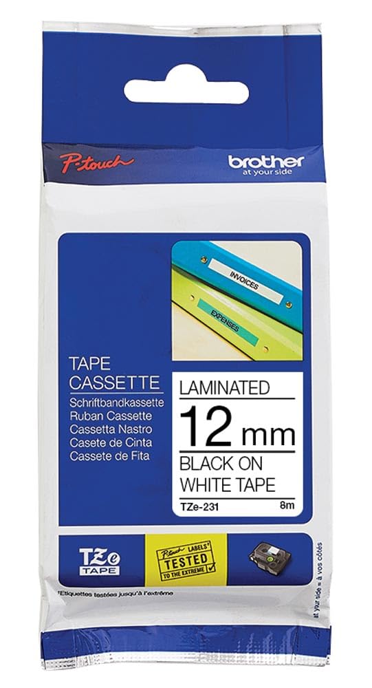 Brother P-TOUCH TZE-231 TZE-TAPE 12MM BEYAZ ÜZERİNE SİYAH LAMİNASYONLU ETİKET