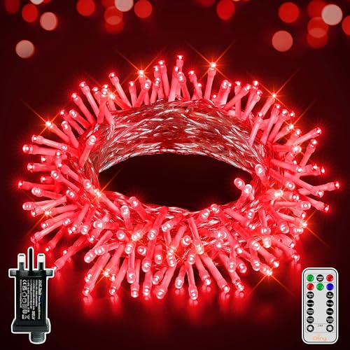 Ollny Red Fairy Lights Mains Powered 10m 100 LED Outdoor String Plug Remote