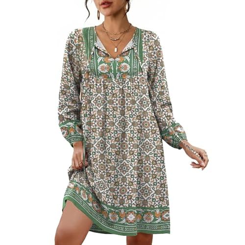 Eddoyee Womens Summer Casual Dresses 3/4 Sleeve Boho Floral Dress V Neck Flowy Sun Dress for Beach Vacation Green Flower XX-Large