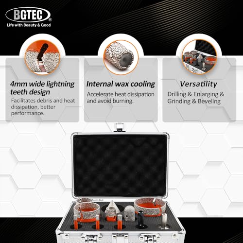 Image of BGTEC Tile Hole Saw Kit Diamond - 11PCS 5 /8-11 Thread Drill Bits 6 /6 /8 /19 /35 /50 /65mm+50mm Beveling Chamfer Bit+20mm Finger Bit+SDS /HEX Adapter for Pocelian Tile Ceramic Marble Granite Stoneware