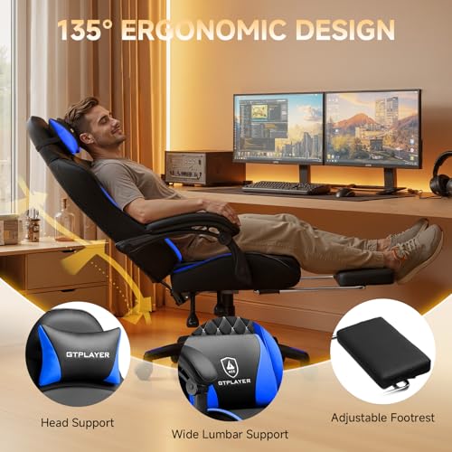 Image of GTPLAYER Gaming Chair, High Back Leather Computer Gaming Chair with Footrest, Ergonomic Height Adjustable Office Chair with Removable Cover and Lumbar Support for Gaming & Work,Blue
