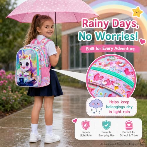 Image of HPJGD 3PCS Girls Unicorn Backpack Set, Kids Off-Roading Bookbag Set for Girls with Lunch Box, Cute Water Resistant Elementary School Bag for Preschool Toddler - Pink Unicorn Off-Roading