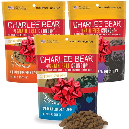 Charlee Bear Dogs Training Treat and Snack, Crunchy Low Calorie Grain Free Dog Treats, Made in USA, Best for Small and Medium Breeds, Great for Puppy Training Treats, 3 Flavor Variety Pack, 8oz Each