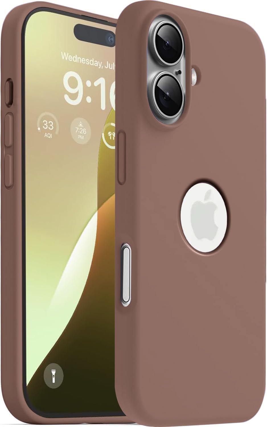 Microfiber Logo Cut Cover Compatible for iPhone 16 Plus Case Liquid Silicone Cases Full Body 4 Layer Protective Covers Shockproof Back Cover with High Raised Camera Lips (6.1 inch, Brown)