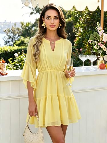 Image of Womens Spring Summer Mini Dress Western Ruffled Sleeve Chiffon V Neck Flowy A Line Short Wedding Guest Party Dresses