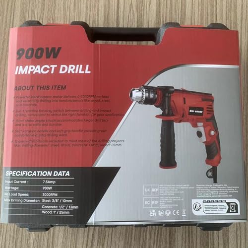 Enventor Hammer Drill, 900W 0-3000RPM Electric Corded Hammer Drill, Variable Speed, 13mm Chuck, 360° Auxiliary Handle, with 36pcs Accessories for Concrete, Iron Plate, Masonry and Wood 11 Enventor Hammer Drill, 900W 0-3000RPM Electric Corded Hammer Drill, Variable Speed, 13mm Chuck, 360° Auxiliary Handle, with 36pcs Accessories for Concrete, Iron Plate, Masonry and Wood - Image 11