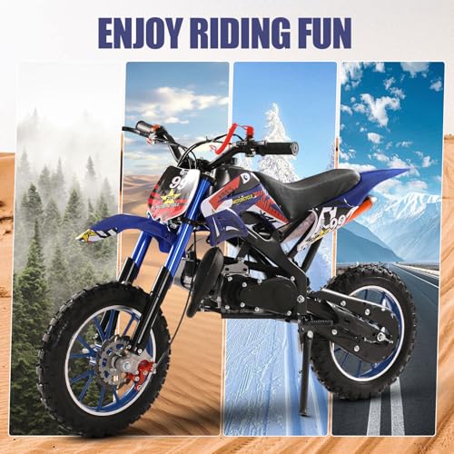 gihusrzx 50cc 2-Stroke Dirt Bike for Adults & Kids, Mini Dirtbike Gas Powered Off Road Trail Bike with Speeds up to 40KM/H for Uphill and Off-Road Conditions, Motorcycle Support 330IBS, Blue