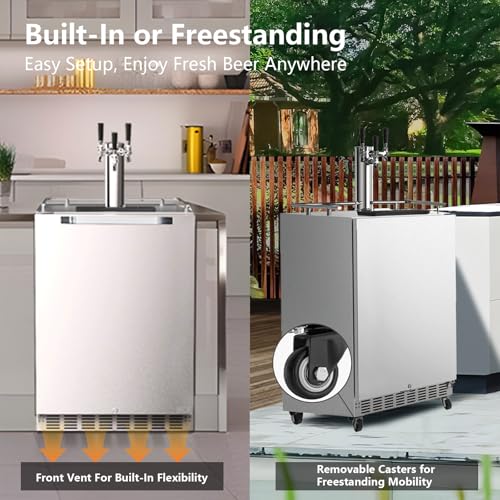 HCK Kegerator, 24 Inch Outdoor Kegerator for Patio with 3 Taps, Full Size Beer Dispenser and Beverage Refrigerator with Auto Defrost & Reversible Stainless Steel Door, Ideal for Home Bars - Image 6