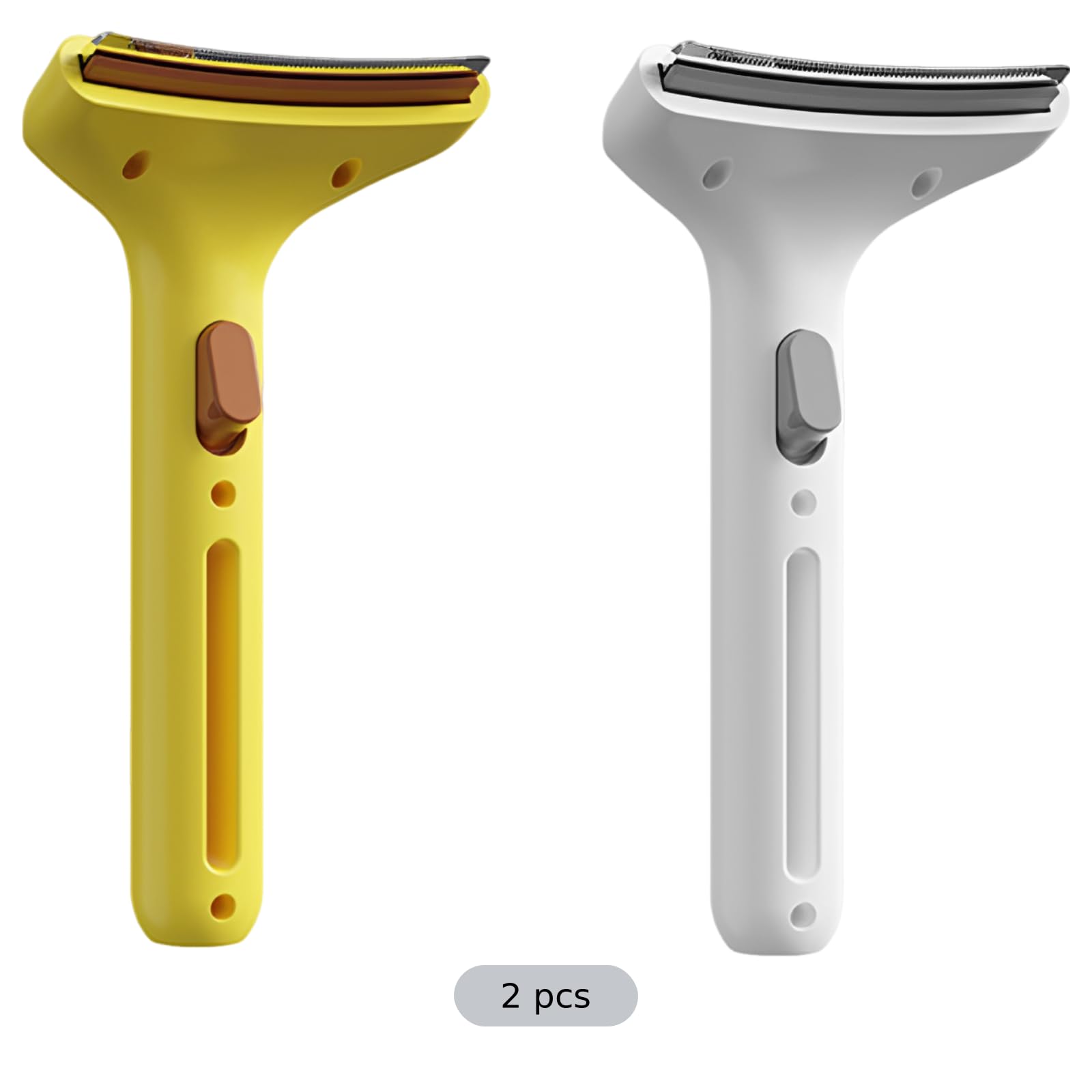 2 Stk. Fellpflegebürsten-Set für Katzen und Hunde, gelb und weiß, gebogener Kopf, offene Schneidfläche, Ein-Knopf-Haarfreigabe, 17,5 x 8,3 cm, zum Entfernen loser Haare, für mehrere Haustiere