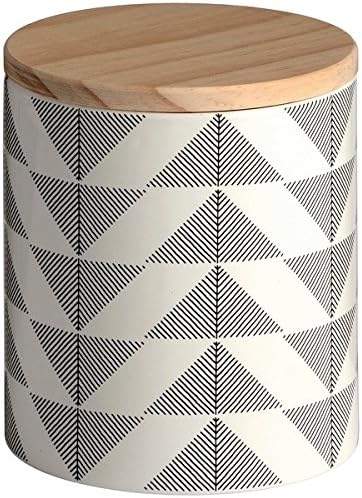 Grey and White Ceramic Decorative Geometric Storage Jar with Wooden Lid