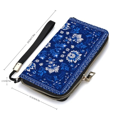 Flat Print Blue Flower PU Leather Clutch Long Bifold Wallet, Coin Purse Credit Pass Case, Durable Card-Holder Money Storage for Women Men2