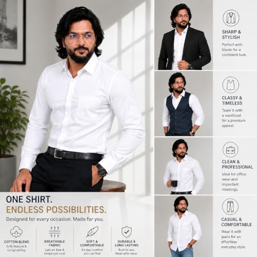Image of MCAVOY Cotton Blend Shirt for Men | Full Sleeve Regular Fit Plain Formal & Casual Office Shirt | Black & White