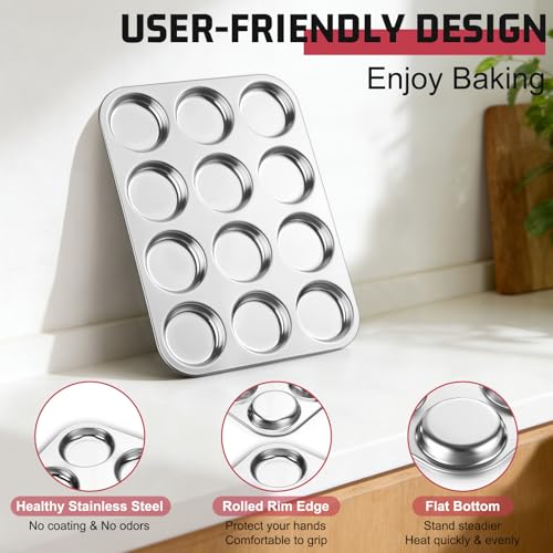 Image of E-far Muffin Top Pan, 12-Cavity Stainless Steel Shallow Cupcake Pan for Yorkshire Pudding, Eggs, Whoopie Pie, Cornbread, Non-toxic & Dishwasher Safe - 2 Pcs