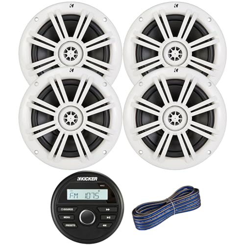 Kicker All-Weather Marine Gauge Style Bluetooth USB Stereo Receiver Bundle Combo with 2 Pair (Qty 4) 6.5" 2-Way 150 Watts Max Power Coaxial White Marine Audio Speakers, 50-Feet 16-Gauge Speaker Wire