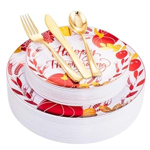 WDF 125 Pieces Thanksgiving Plates Dinnerware - Gold Plastic Silverware and Thanksgiving Plates Pumpkins Include 25Dinner Plates 25Salad Plates 25Forks 25Knives 25Spoons, EJ WDF 125 Pieces Thanksgiving Plates Dinnerware Gold Plastic Silverware and Thanksgiving Plates Pumpkins Include 25Dinner Plates 25Salad Plates 25Forks 25Knives 25Spoons EJ
