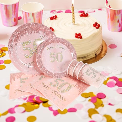 LOGOFUN 50th Birthday Party Tableware Set Birthday Party Dinnerware Kit Glitter Paper Plates Napkins