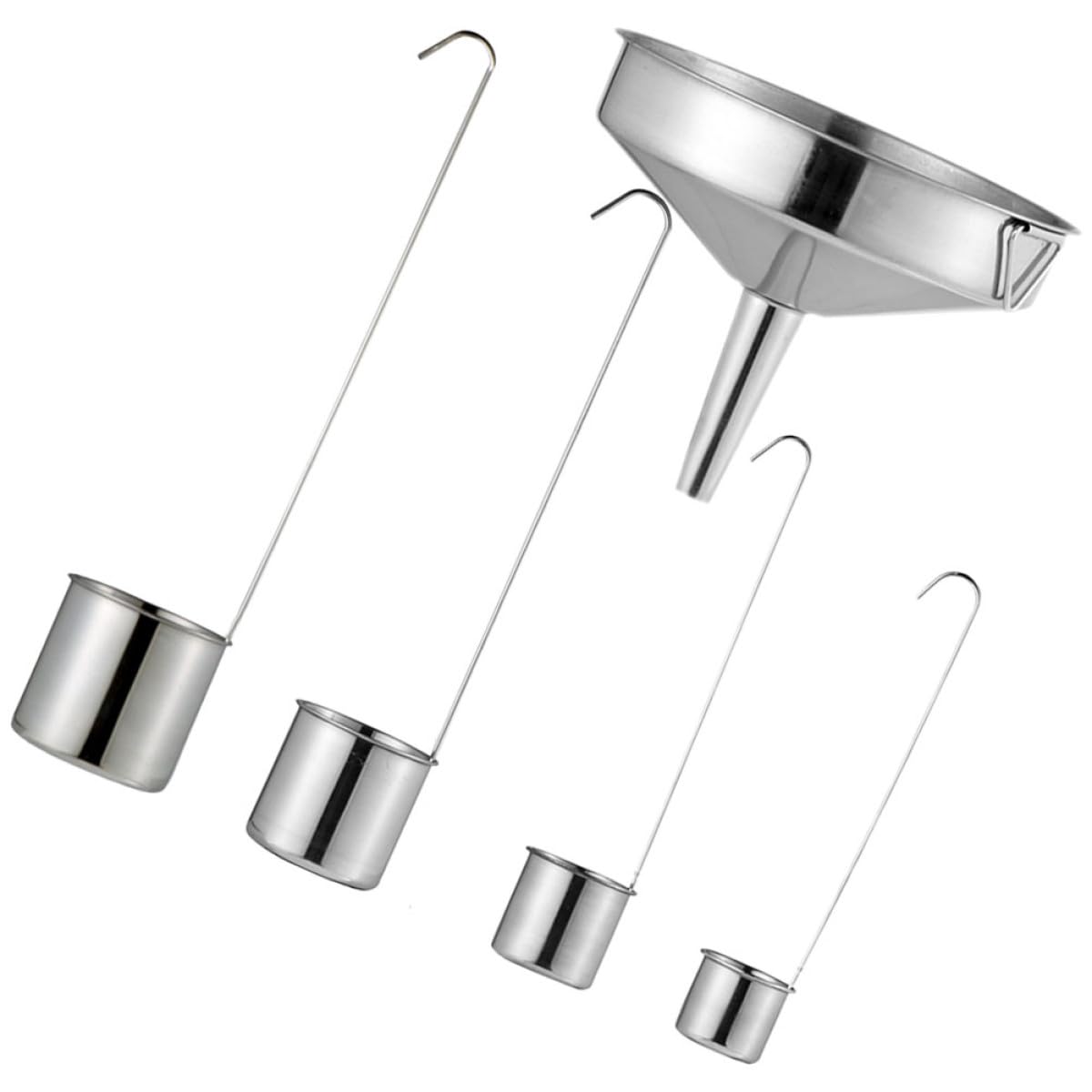 SHINEOFI Set 5 Pezzi Imbuto in Acciaio Inox con Mestoli Dosatori 50-500Ml e Filtro 16Cm Utensile Cucina Multifunzionale per Olio Vino Salsa Adatto per Barattoli e Bottiglie Strette
