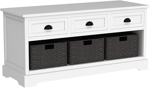 Miniatura 4 de P PURLOVE Banco de almacenamiento Homes Collection Banco de almacenamiento de mimbre con 3 cajones y 3 cestas tejidas, banco de zapatos de entrada