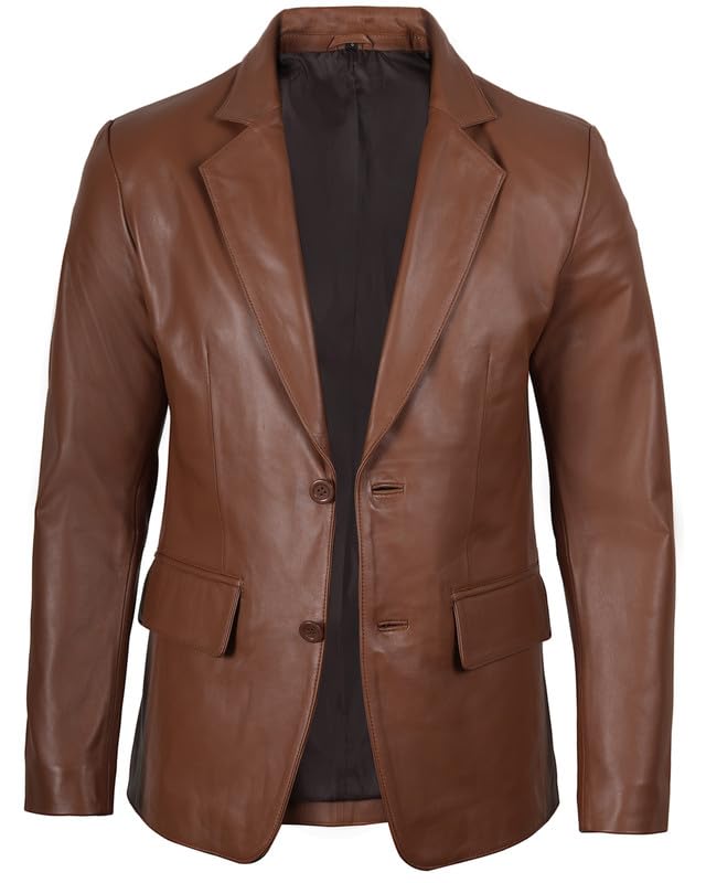 Image of Blingsoul Mens Leather Blazer - Casual Leather Sport Coat with Notch Lapel, Real Lambskin Leather Jacket for Men