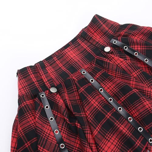 Pleated Skirts for Women Plaid Skirt Punk Goth Y2k Emo Skirt High Waisted A-line Flare Mini Skirts Red3