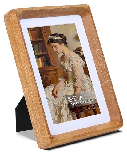 Image of 5x7 Picture Frame with Mat for 4x6, USA-Sourced Natural Teak Wood Handcrafted Rounded Corner with Real Glass, Vertical or Horizontal Display Photo Gallery Wall & Tabletop Frame