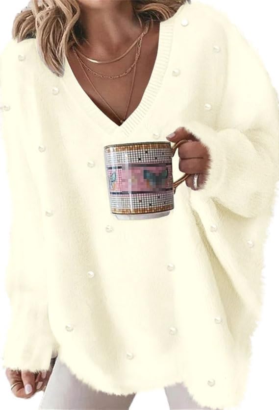 Women’s Oversized V-Neck Sweaters Long Sleeve Fuzzy Knit Warm 2025 Pullover Sweater Top