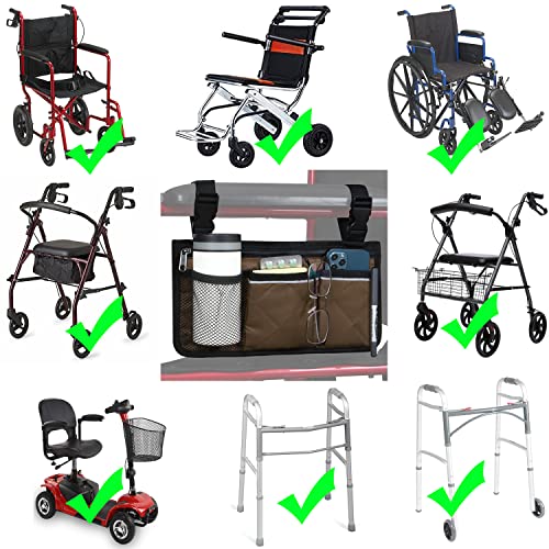 Wheelchair Side Organizer Storage Bag Armrest Pouch with Cup Holder and Reflective Strip, for Most Wheelchairs, Walkers or Rollators (Coffee)