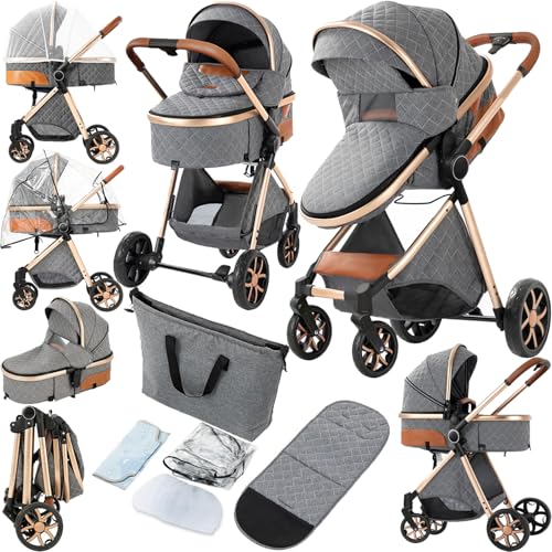 Image of 2 in 1 Baby Stroller, Convertible Pram, Reversible Standard Stroller, Portable Baby Buggy, Infant Carriage, Foldable High Landscape Pushchair for Toddler Newborn (225 Grey)