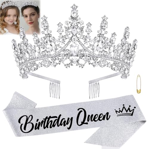 تاج ووشاح فتاة عيد الميلاد، تاج ملكة، تاج و تاج للنساء والبنات، تاج أميرة فضي مرصع بالكريستال، عصابات رأس مرصعة بحجر الراين، تاج حفلة البلوغ، اكسسوارات لزينة حفلات أعياد الميلاد، تاج ووشاح للنساء